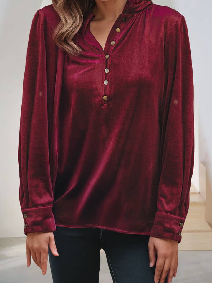 Solid color Frilled Neck Buttoned Front Velvet Top (S-2XL) for wholesale by 66DISCO