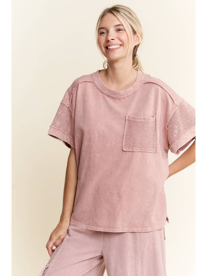 J.Her - Wholesale Blouse - Women's - MineralWash Mesh Pocket Sleeve top HT5649.