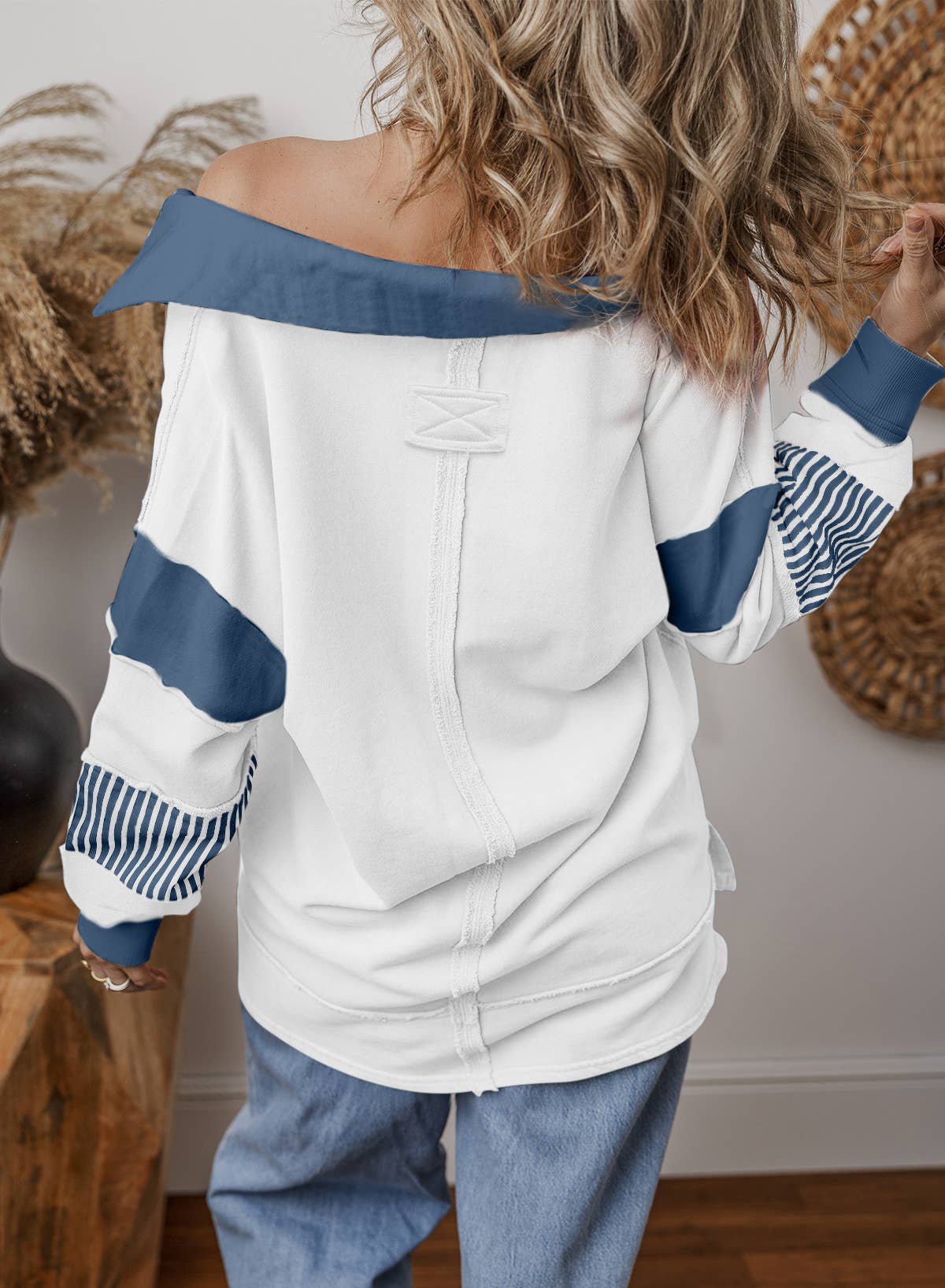 FULL TIME PURCHASE - Vente Sweat-shirt – femme - Sweat-shirt décontracté ample à manches longues et à rayures colorblock avec col en V8