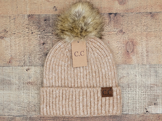 Treasure Bank - Wholesale Beanie - Women's - C.C Winter Hat, Classic Rib Beanie with  Faux Fur Pom0