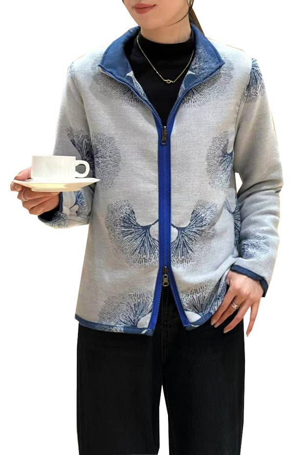 Winding River - Wholesale Knit Sweater - Women's - Blue / White Ginkgo Reversible Zipper Sweater1