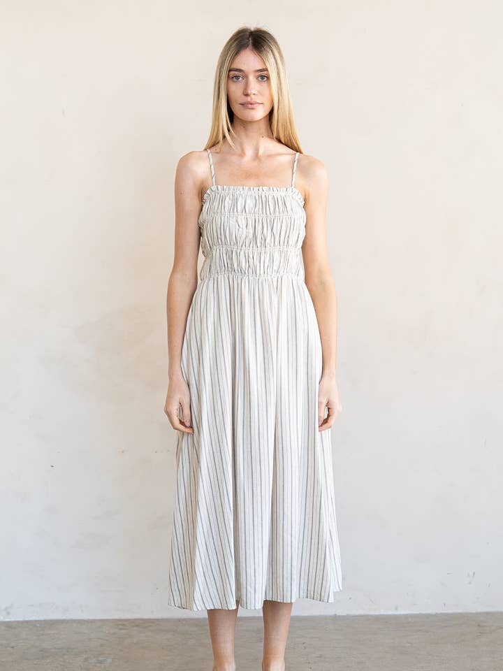 STRIPED SMOCKED MIDI DRESS for wholesale by ELLE GREY