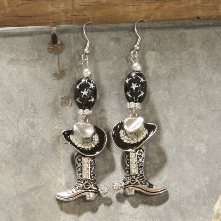 Hats Off/Boots On Black Dangle Earrings for wholesale by The Primitive Peddler, Inc.