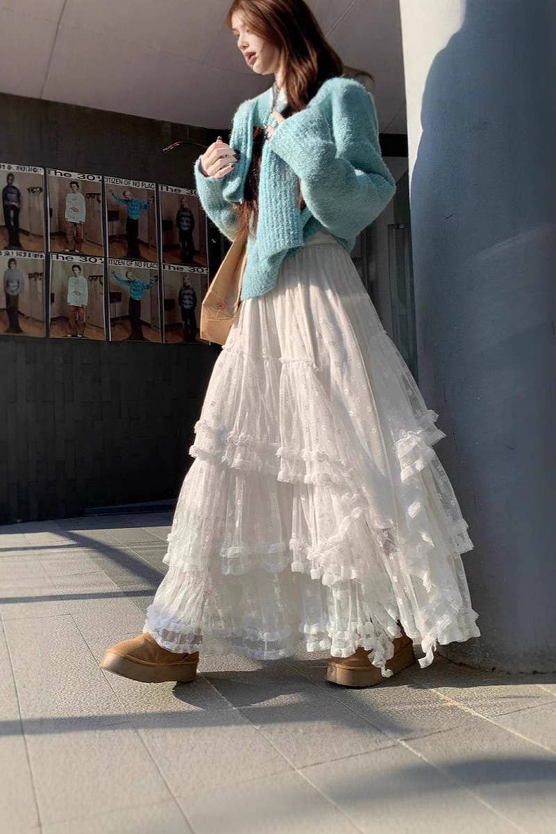 NINEXIS - Wholesale Skirt - Women's - CWBLS00714_2025 FLORAL MESH RUFFLE IRREGULAR MAXI SKIRT8