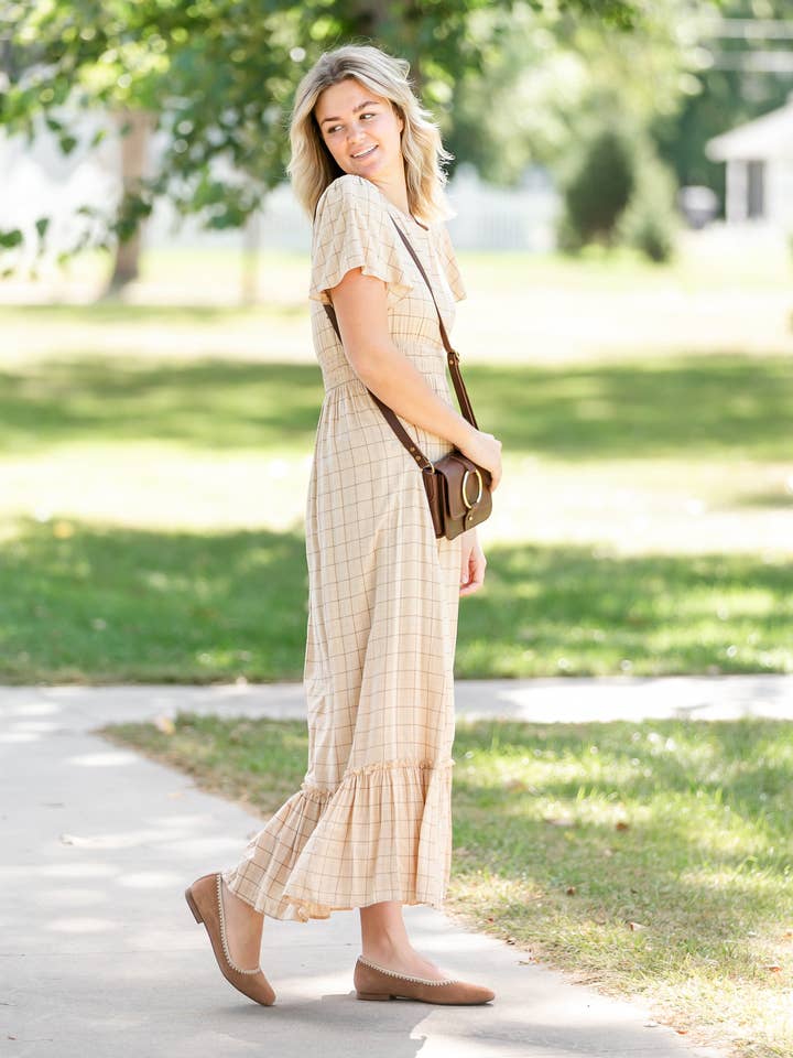 Inherit Clothing Company - Wholesale Dress - Women's - Isabella Taupe Plaid Maxi Dress