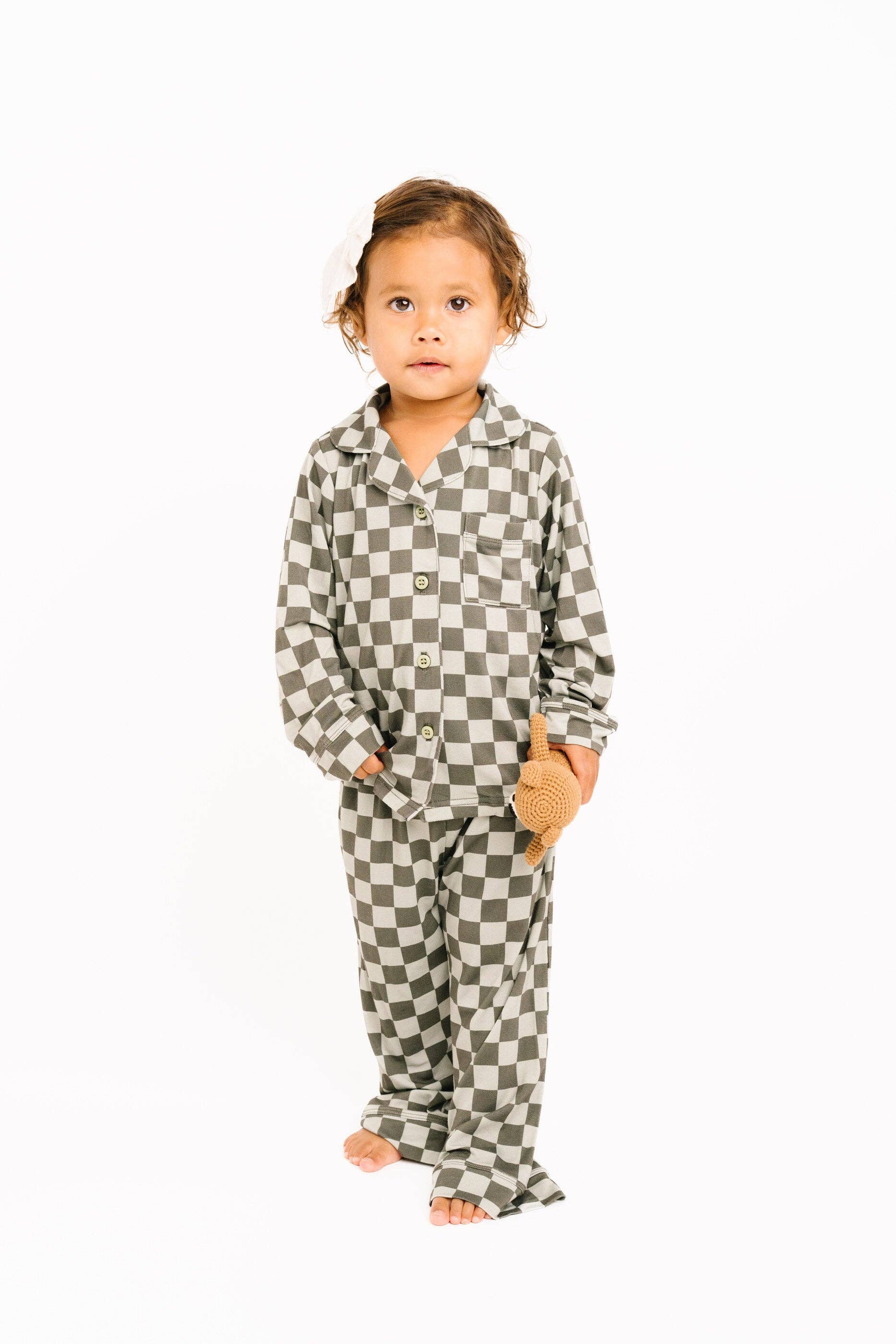 Little One Shop - Wholesale Top & Pant Set - Kids - Pine Checkered Kid Long Sleeve Bamboo Button Up Set1