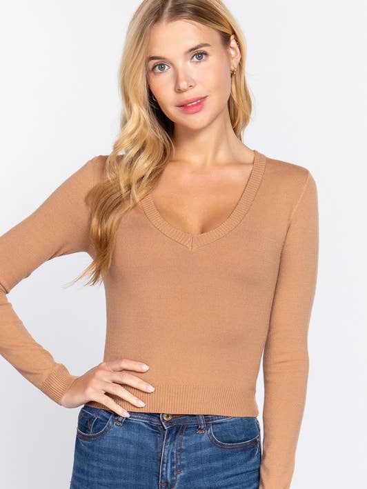 Active Basic | Active USA - Wholesale Knit Sweater - Women's - Long Sleeve V-neck Sweater
