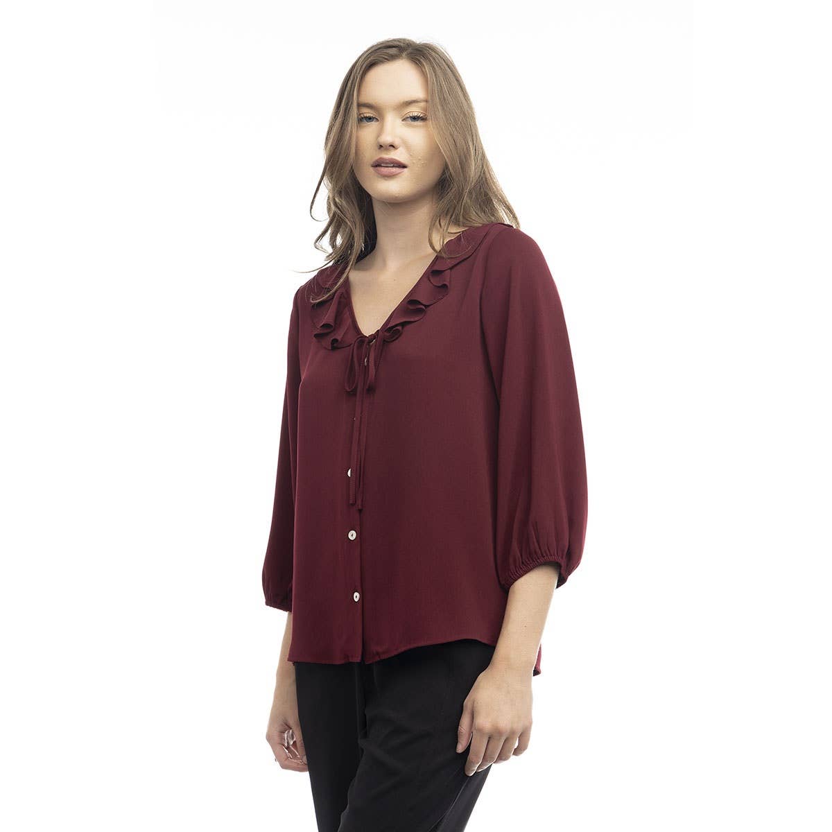 Naked Zebra Rack - Wholesale Blouse - Women's - Ruffle Button Down Tie Blouse1