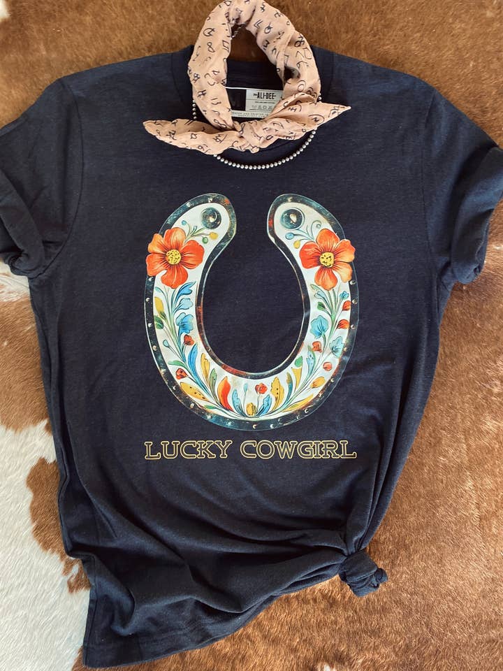 Lucky Cowgirl Western Graphic T-Shirt - Black Heather for wholesale by Ali Dee
