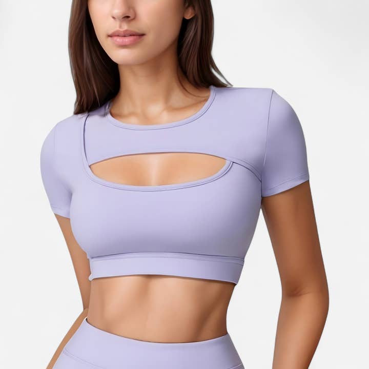 Short Sleeve Cropped Active Top with Keyhole Front Cutout for wholesale by Active by Anna-Kaci