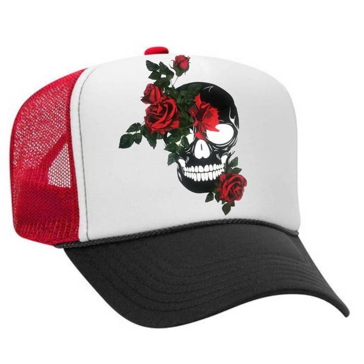 Skull with roses skeleton Halloween Trucker Hat cap for wholesale by The Candy Collections