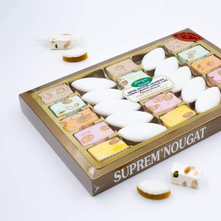 SUPREM' NOUGAT – Großhandel Schokoladenschachtel – Transparente Schachtel — 15 Nougat, 5 Parfums und 10 Calissons