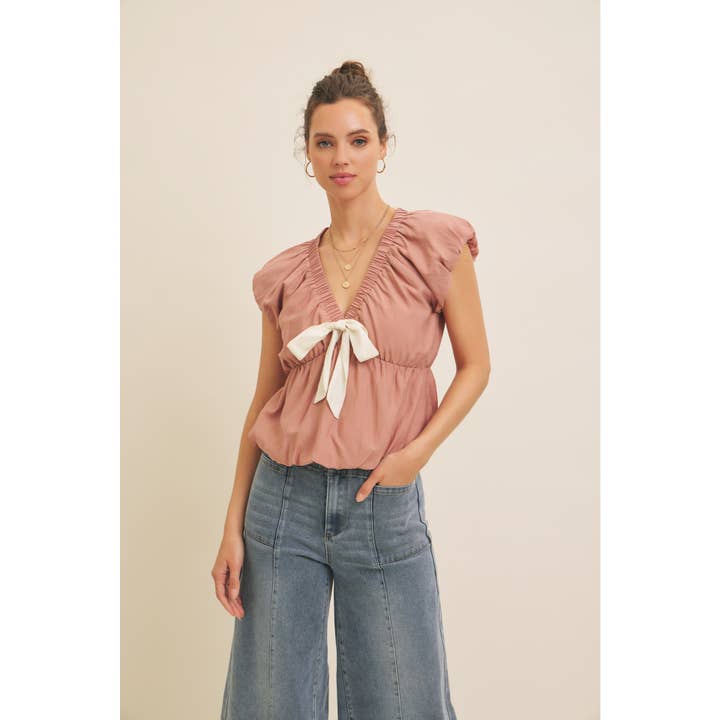 in february - Wholesale Blouse - Women's - SEASONLESS FEMININE CRINKLE BLOUSE WITH CONTRAST BOW TIE1