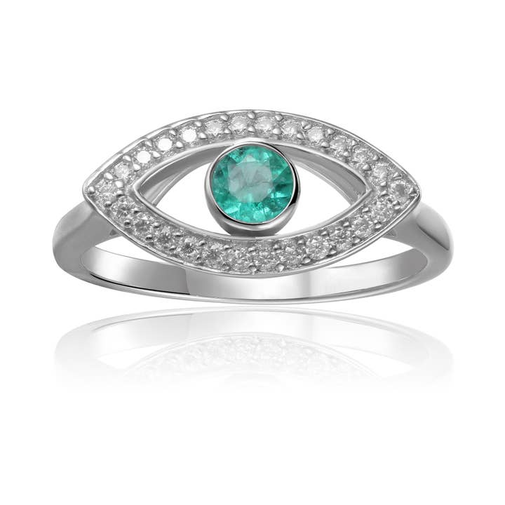 Rhodium Plated Sterling Silver Emerald Evil Eye Ring for wholesale by FCJ Jewelry LLC