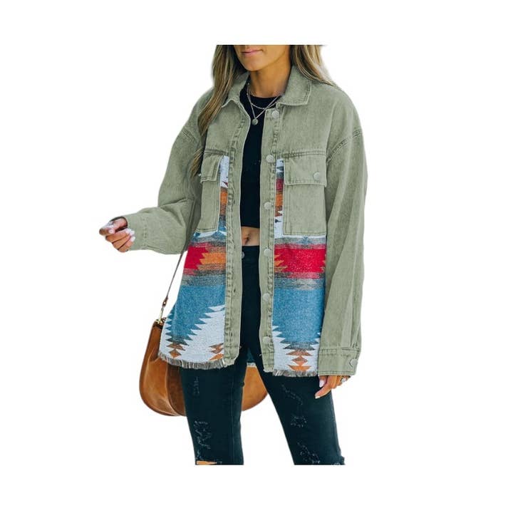 WASHED AZTEC DENIM SHACKET for wholesale by Mapcie