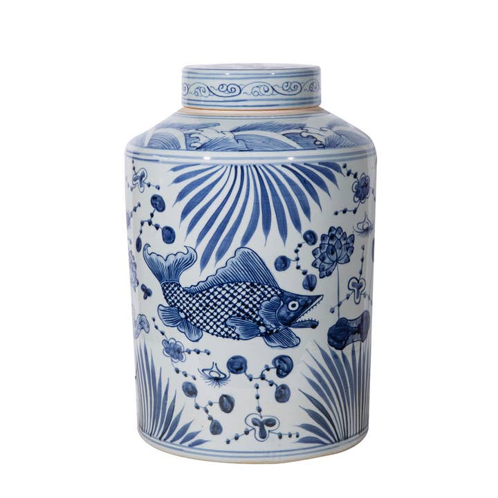 Blue and White Large Tea Jar Fish Motif for wholesale by Legend Accents