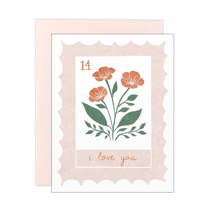 I Love You - Geranium Stamp - Letterpress Card for wholesale by Lake Erie Design Co.
