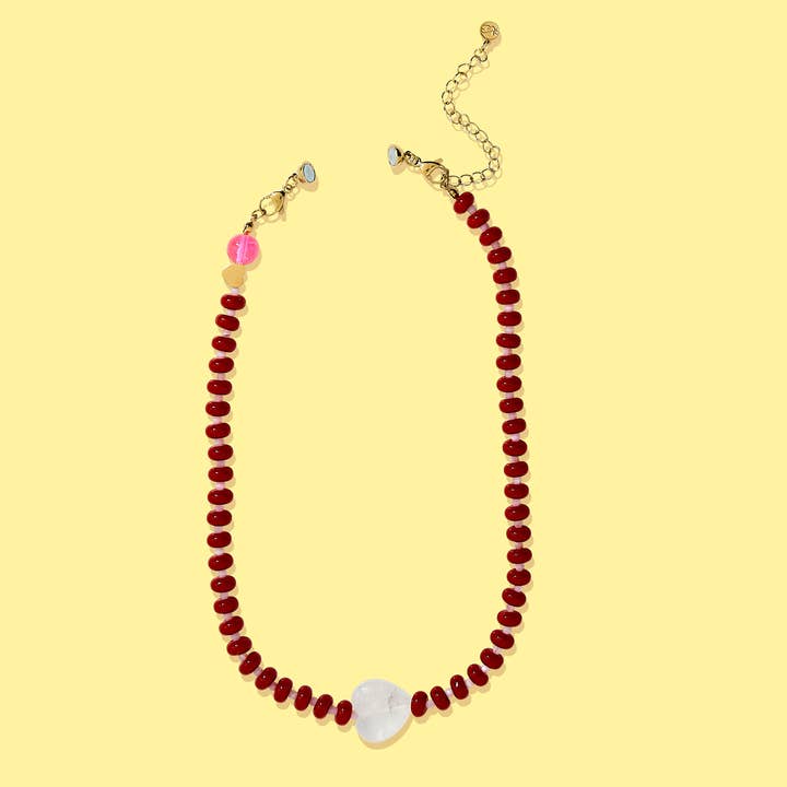 Beaded Necklace - Red + Pink w/Glass Bead Heart - Amore for wholesale by Taylor Elliott Designs