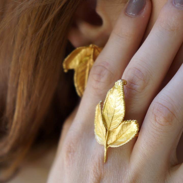 Adjustable Rose Leaf Ring: Gold Plated, Sterling Silver - Nature Design for wholesale by Mother Nature Jewelry