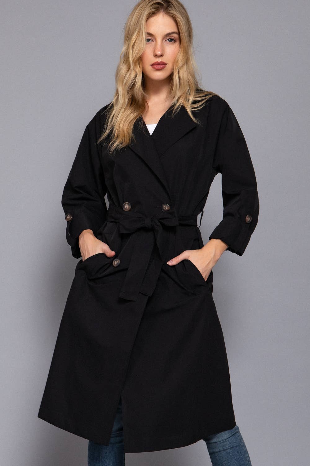 Active Basic | Active USA - Wholesale Trench Coat - Women's - Long Sleeve V-Neck Lapel Collar Trench Coat with Belt2
