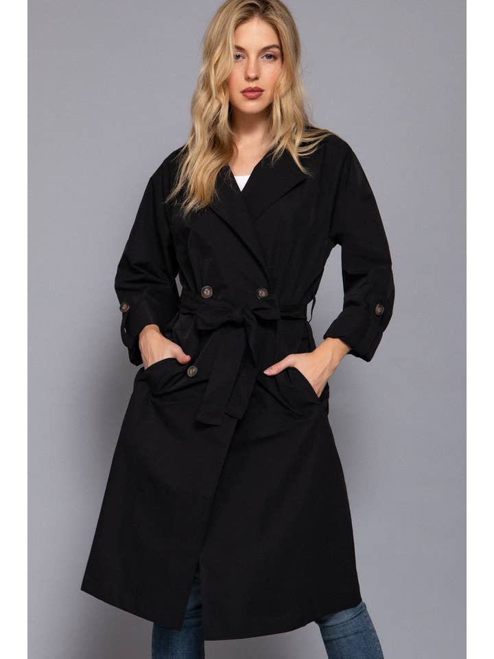 Active Basic | Active USA - Wholesale Trench Coat - Women's - Long Sleeve V-Neck Lapel Collar Trench Coat with Belt2