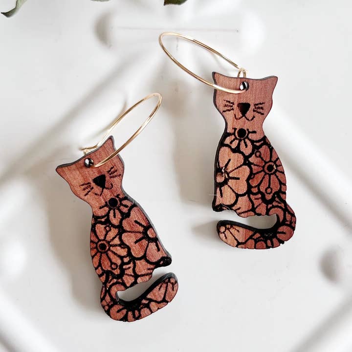 Natural Cedar Wood Engraved Cat on Hoops for wholesale by Paper Kite Creations