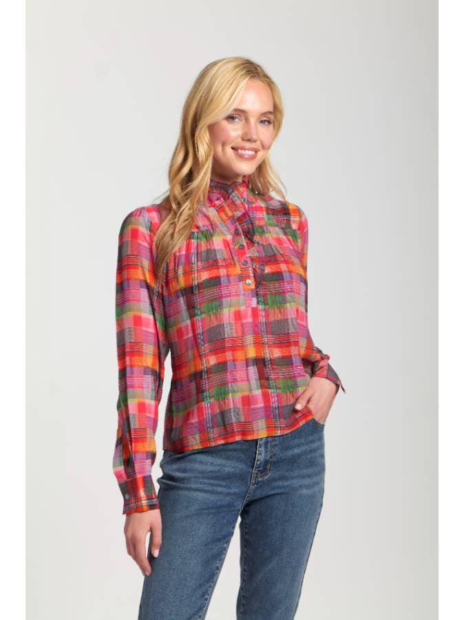 Ruffle Half Placket Blouse - Pink Multi for wholesale on Faire