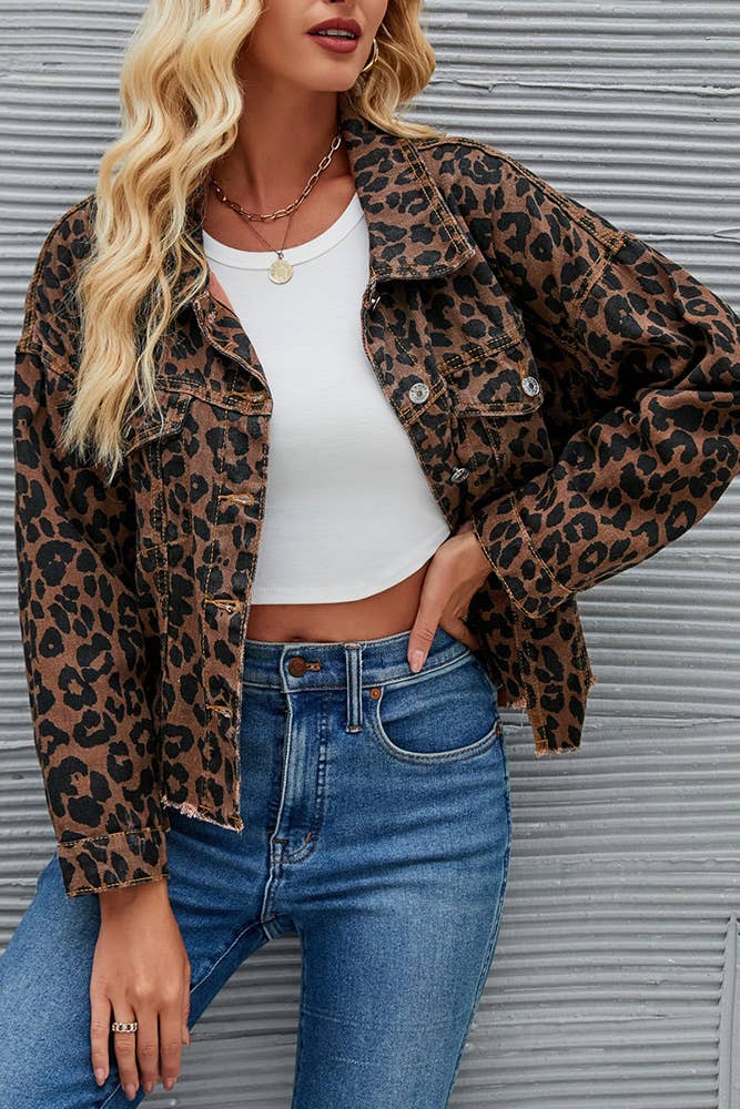 Leopard Short Denim Jacket QXX035 for wholesale on Faire2