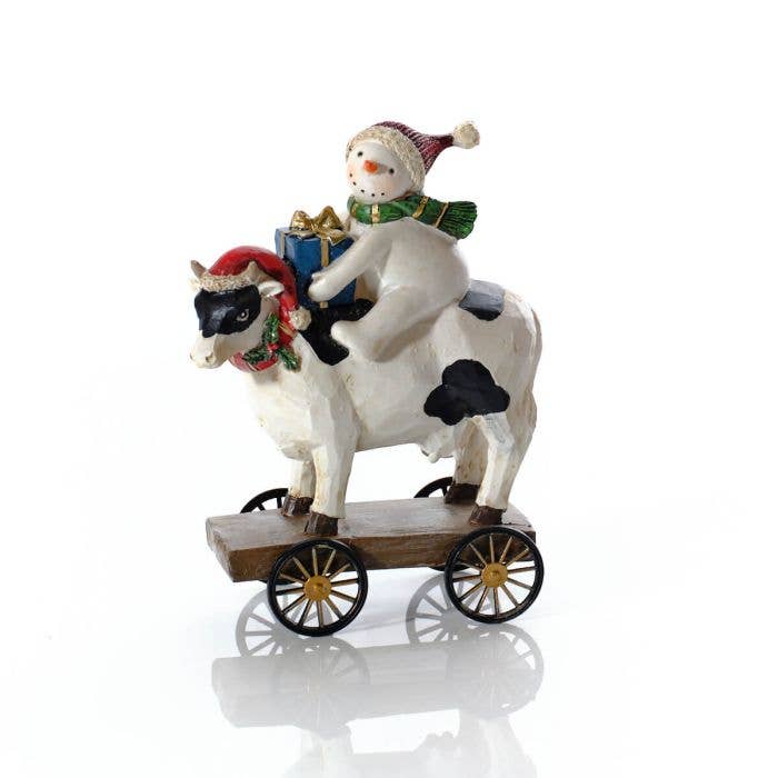 Langs - Wholesale Ornament - Christmas on the Farm Resin Snowman Riding Cow on Cart Ornament1