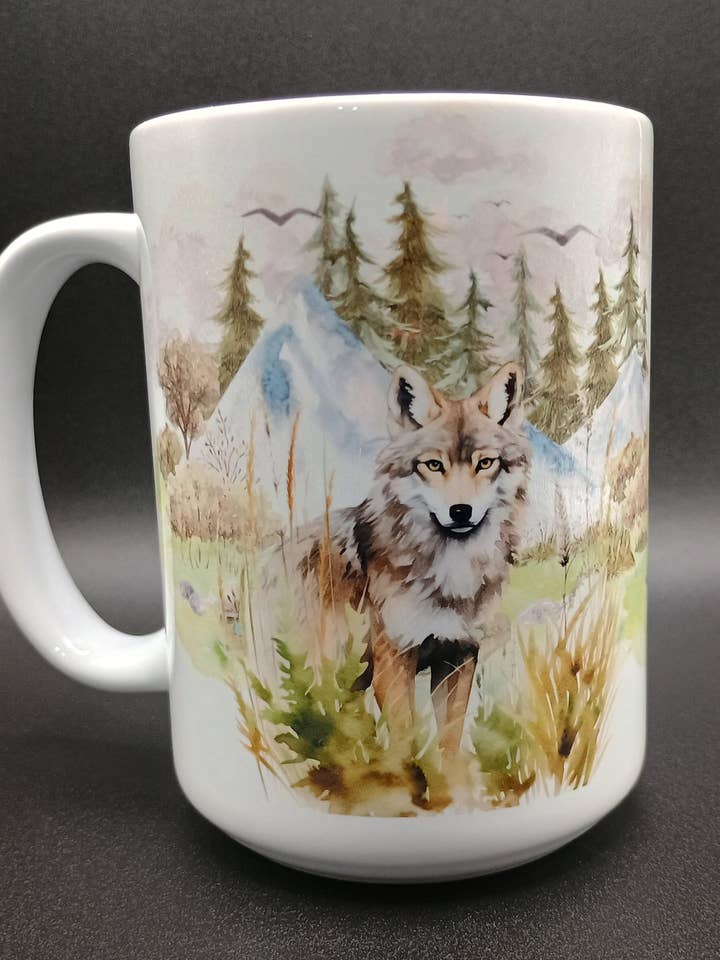 Watercolor Wolf Coffee Mug 15oz - Unique Wildlife Art Ceramic Mug for wholesale by American Taina Crafts
