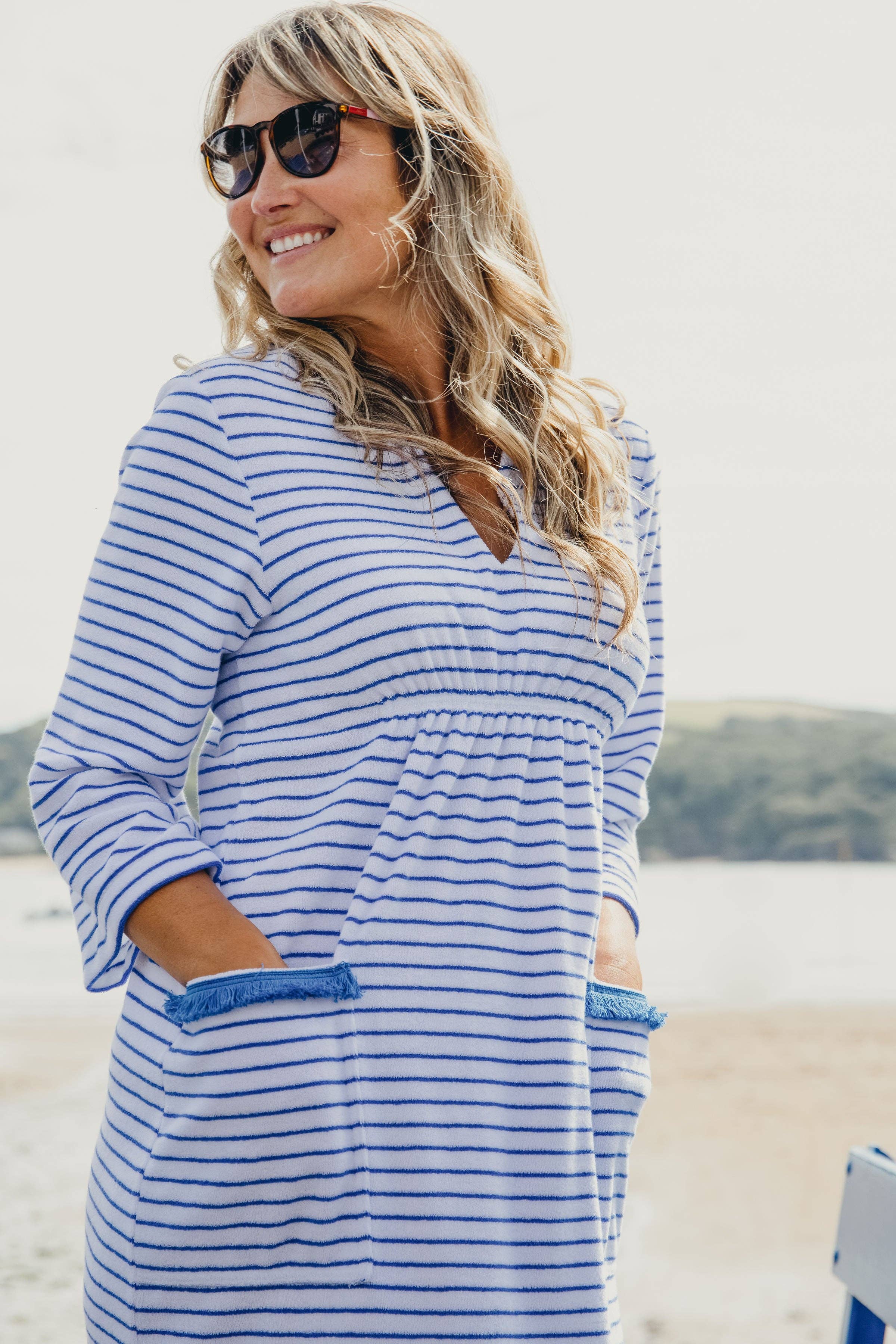 Bridie & Bert – wholesale Swim cover-up – Women’s – Victoria Striped Towelling Beach Dress with Marine Trim5