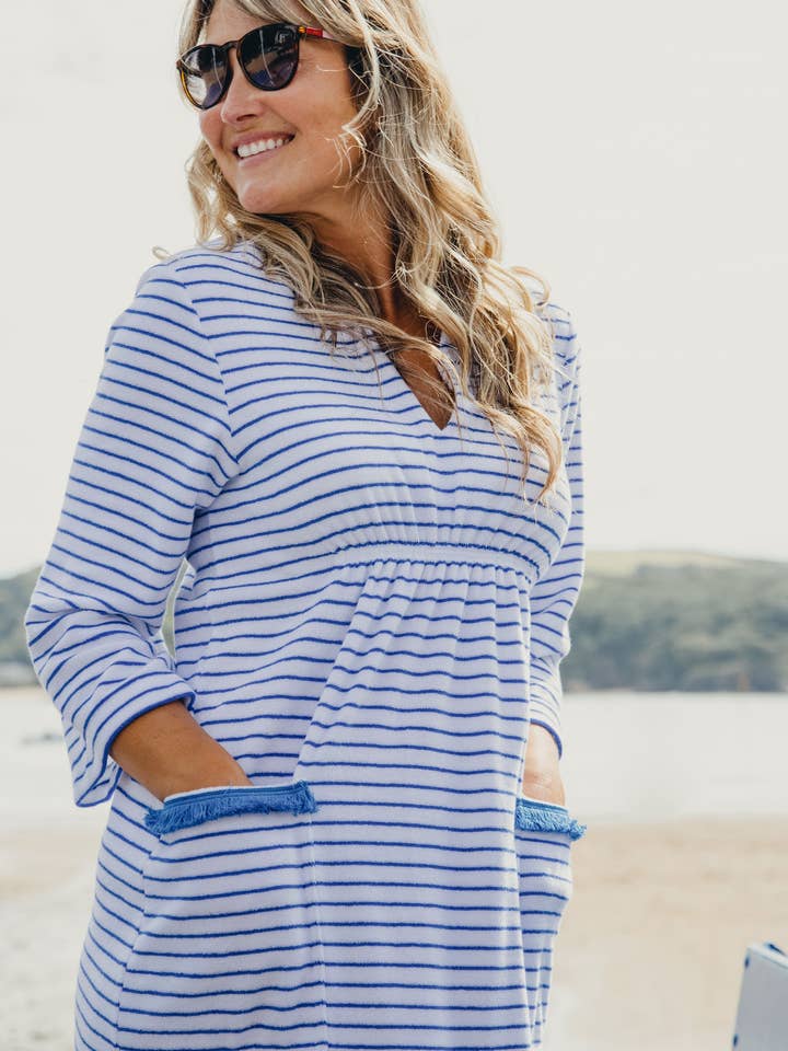 Bridie & Bert – wholesale Swim cover-up – Women’s – Victoria Striped Towelling Beach Dress with Marine Trim5