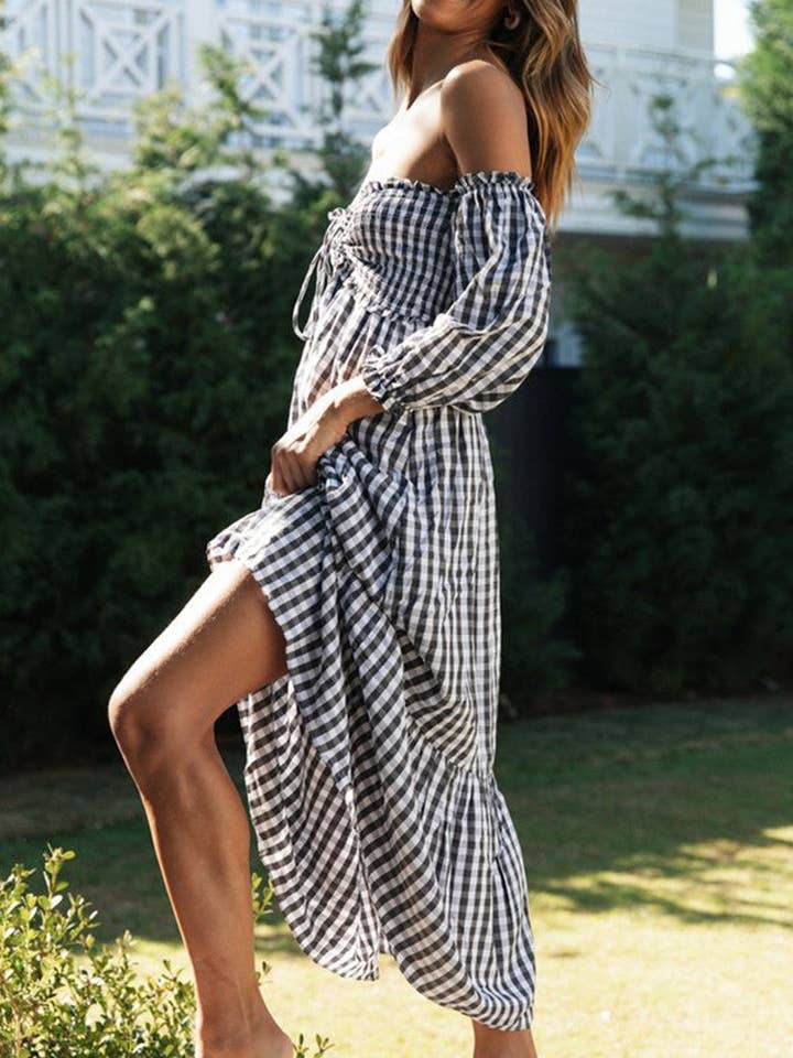 Trendy Plaid Maxi Dress OffShoulder TieFront for wholesale on Faire8