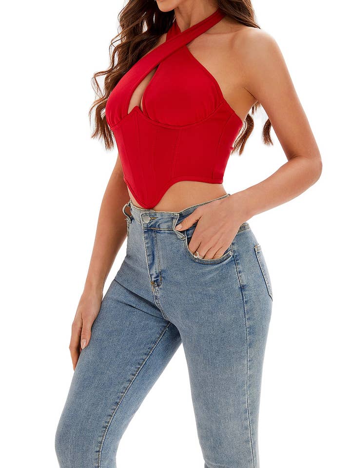 Red Tessa Stylish X Shaped Halter Neck Crop Top Corset for wholesale on Faire