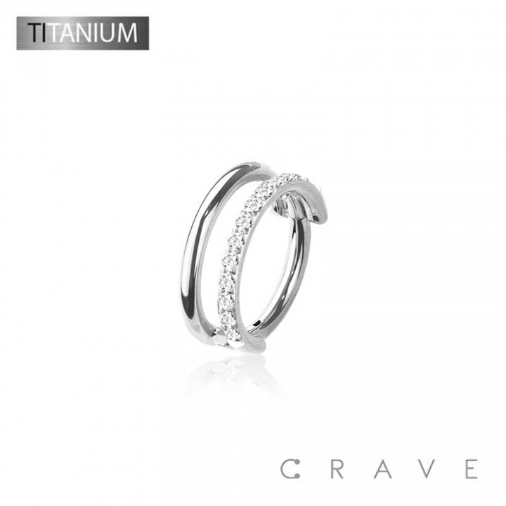 CRAVE BODY JEWELRY - Wholesale Single Earring - IMPLANT GRADE SOLID TITANIUM CZ DOUBLE LINE CLICKER SEGMENT