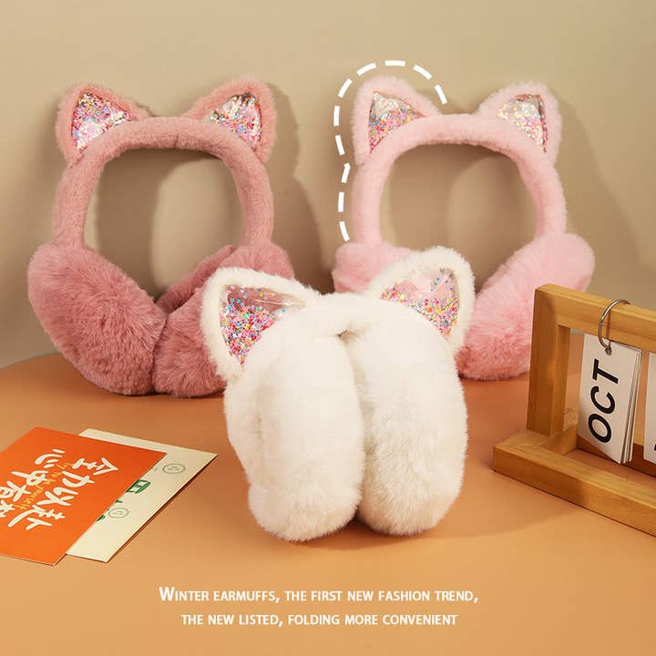 Sequin quicksand colorful furry Cat Earmuffs for kids for wholesale by Little Trendy