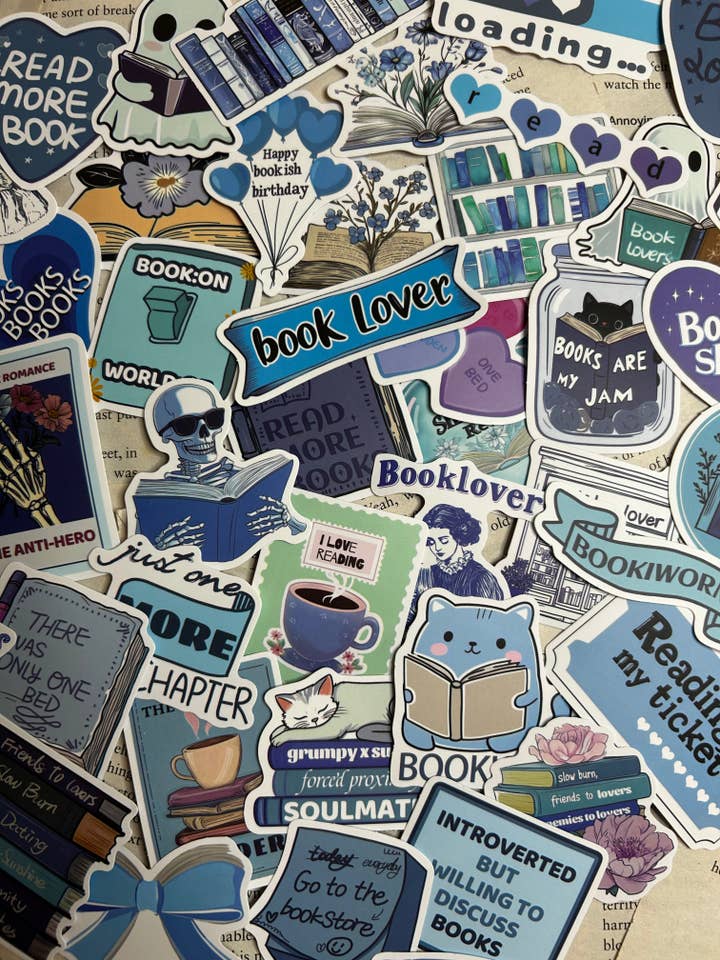 Mystery blue bookish sticker packs- 10 per pack for wholesale by TheBookShack