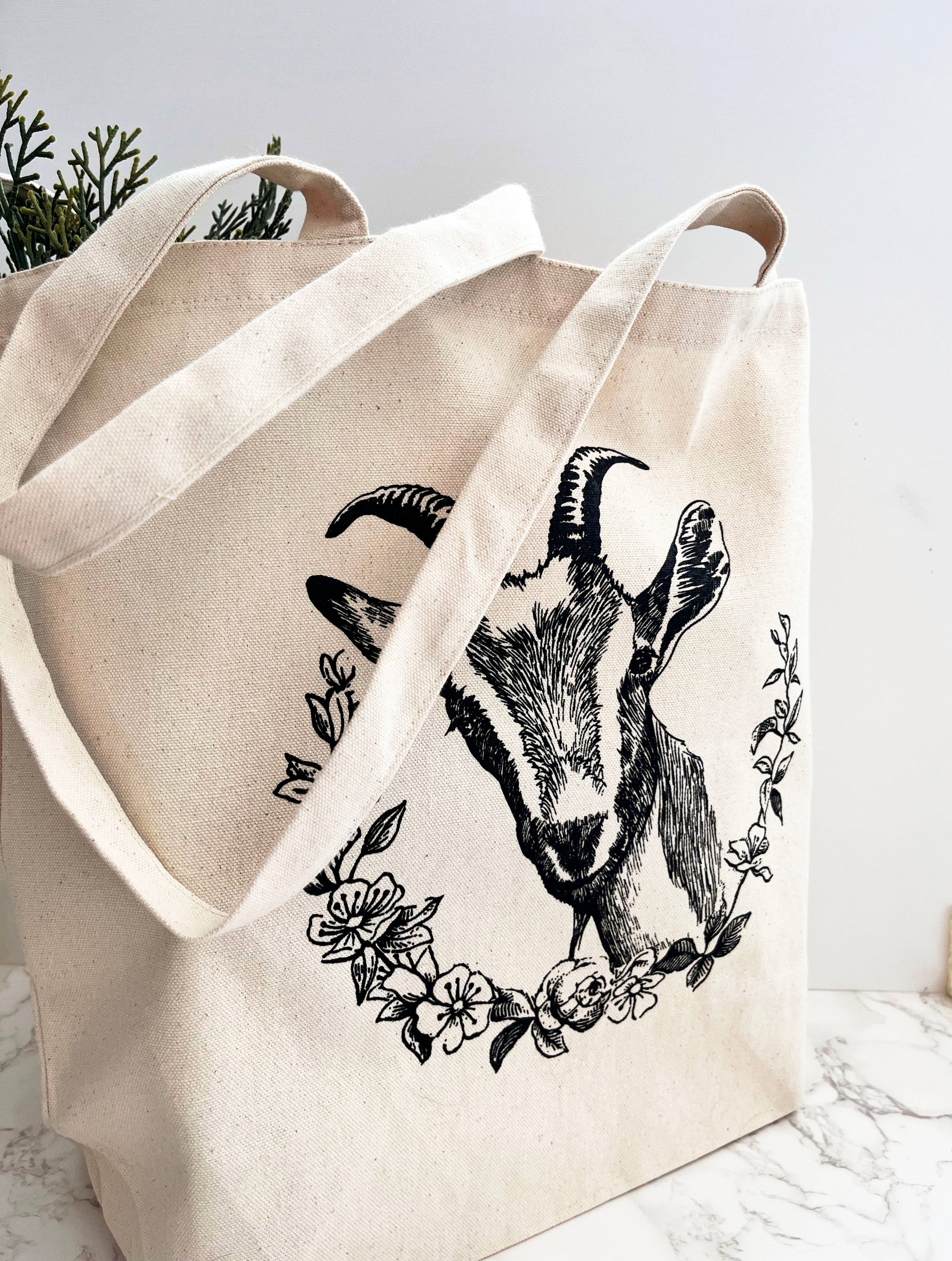 The Coin Laundry - Wholesale Tote Bag - Women's - Goat with Flowers Cotton Canvas Tote - Reusable1
