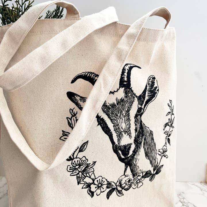 The Coin Laundry - Wholesale Tote bag – Women's - Goat with Flowers Cotton Canvas Tote - Reusable1