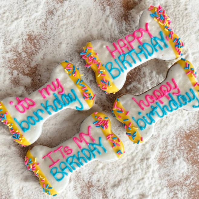 6 inch Sprinkled Fiesta Happy Birthday bone dog treats for wholesale by YumYum4DOGS