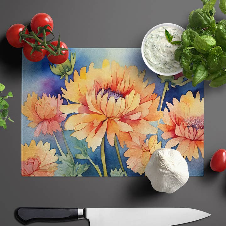 Chrysanthemums in Watercolor Glass Cutting Board Large for wholesale by Caroline's Treasures