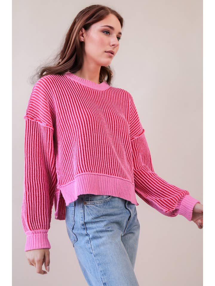 VERY J - Wholesale Pullover-trui - Dames - 12W3092N-Tweekleurige gestreepte trui met casual strepen4