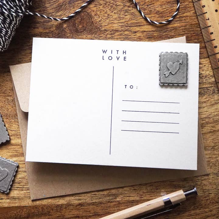 'With Love' Postage Stamp Postcard for wholesale by Kutuu