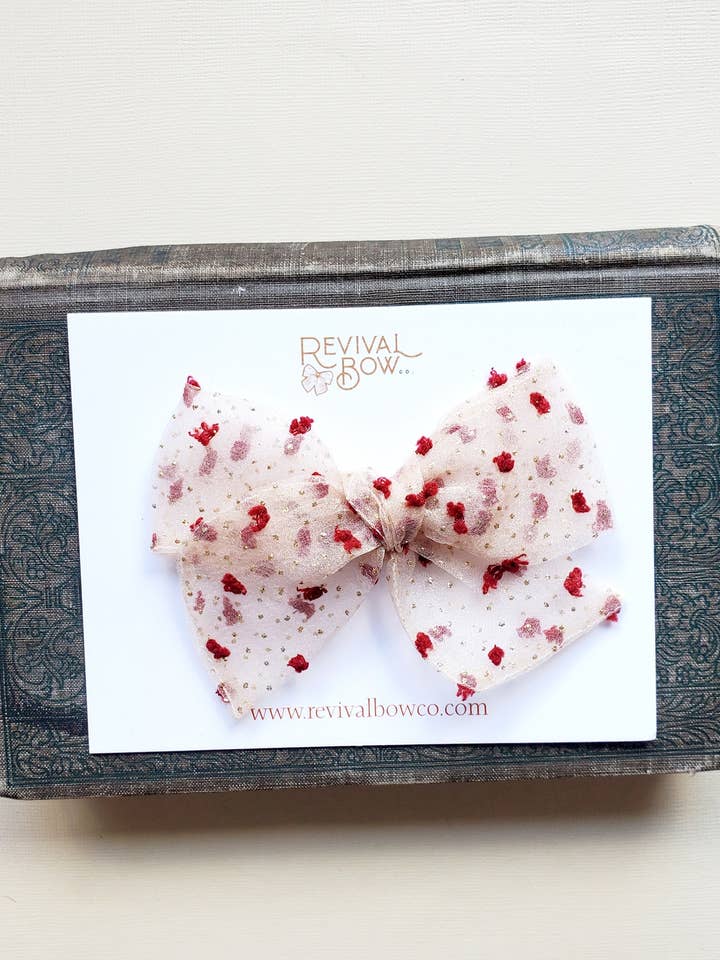 Large Pinwheel Bow on Clip • Gold and Red Dot for wholesale by Revival Bow Co.