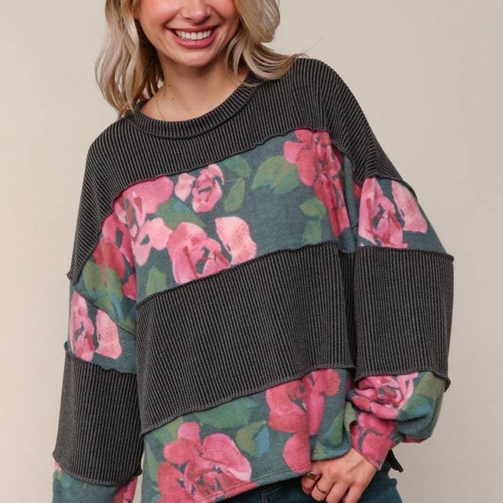 HT7165D- Top de malha canelada com bloco de cores floral e sólido e mangas bufantes por atacado de IWT Brands