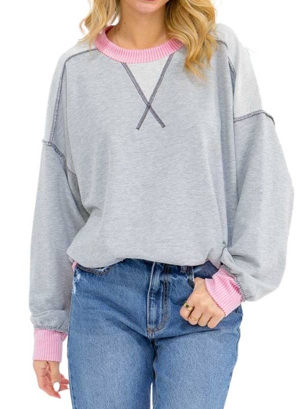 Contrast Trim Exposed Seam Sweatshirt for wholesale by Vanilla Monkey