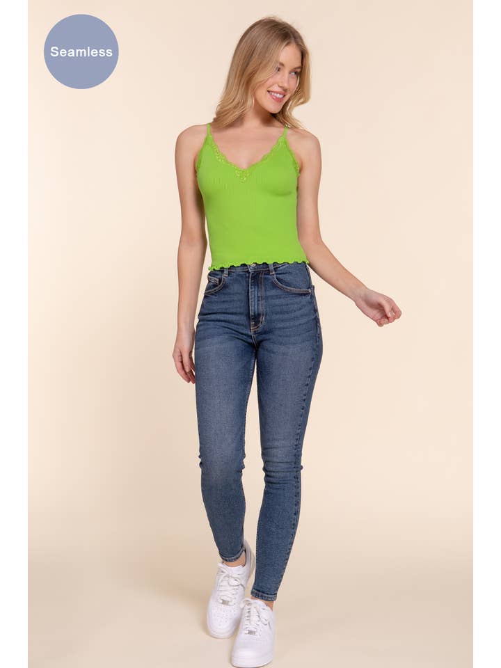 Active Basic | Active USA - Wholesale Camisole - Women's - V-neck Lace Detail Seamless Rib Knit Cami Top