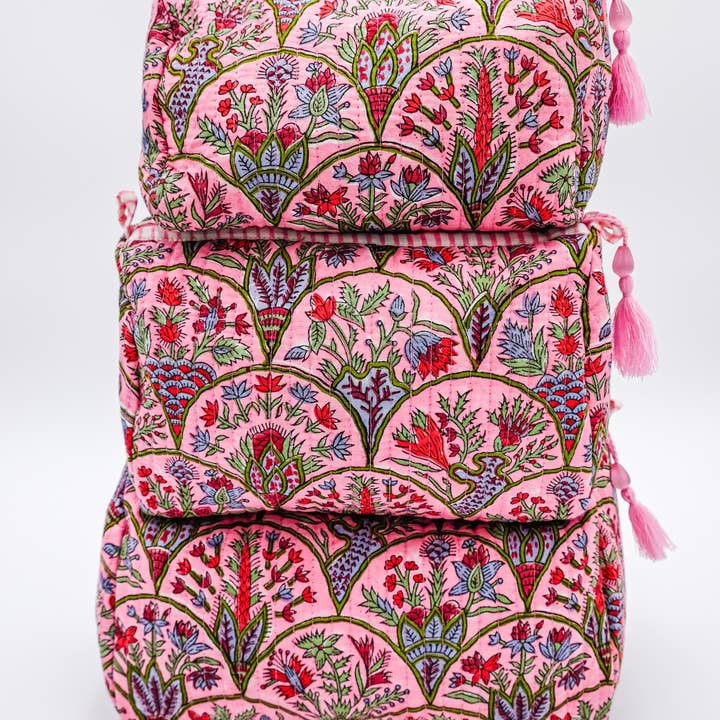 Inner Child - Wholesale Toiletry Bag - Women's - Pink Arch Blockprint Toiletry Makeup Bag, Set of 3
