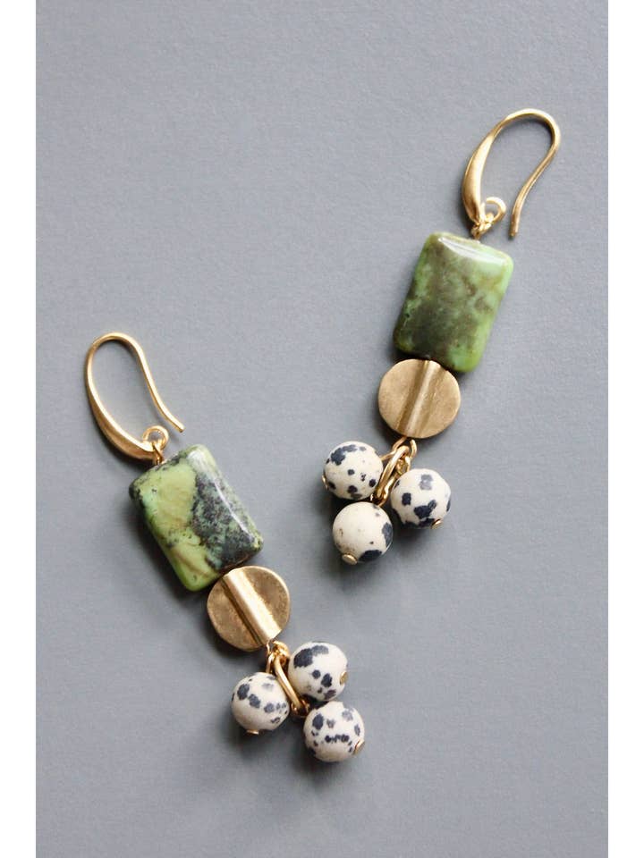Brincos Pendentes HYLE59 de Jaspe Verde e Dálmata por atacado de David Aubrey Jewelry