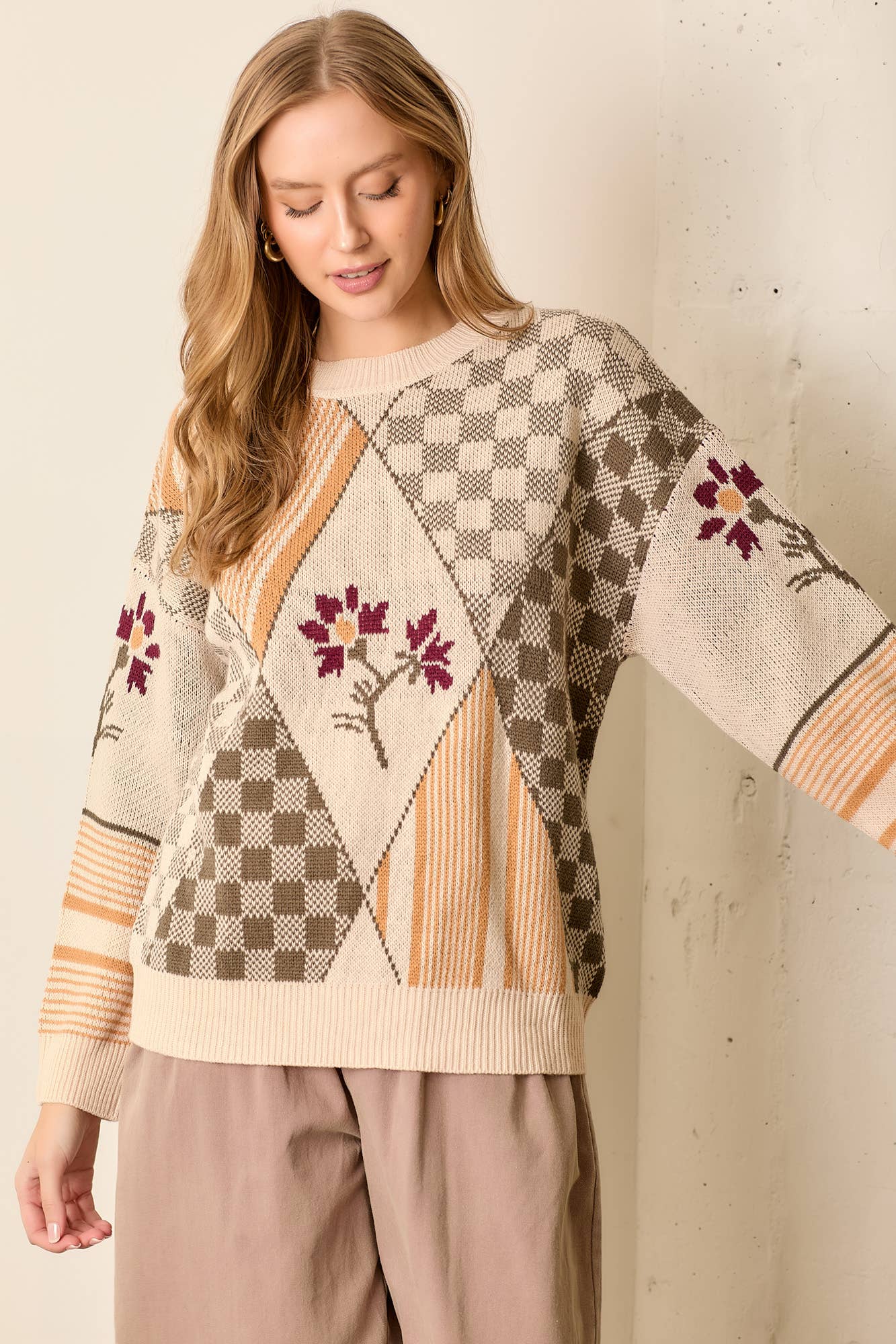 MULTI PATTERN PULLOVER SWEATER for wholesale on Faire